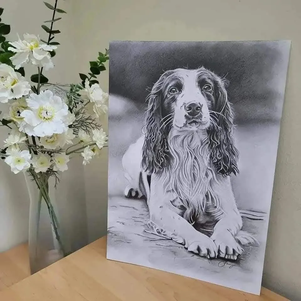 Pencil pet portrait commission of a family dog