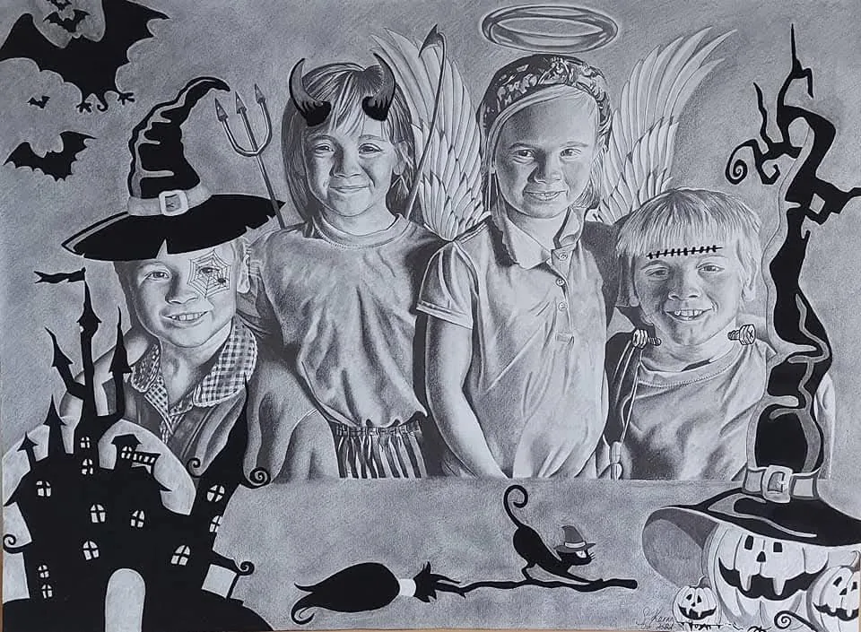 Pencil portrait commission of children in Halloween costumes