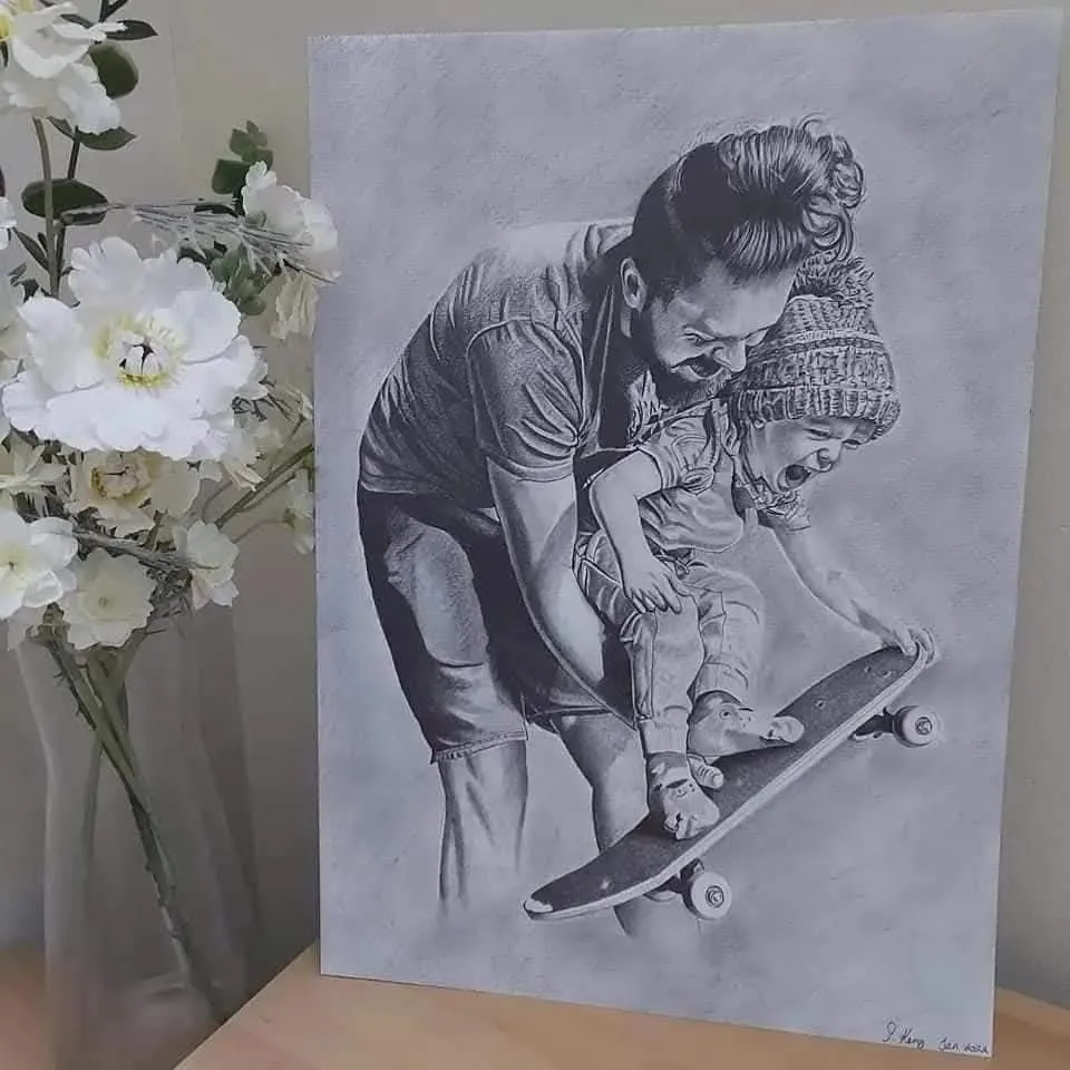 Pencil portrait commission of father and son