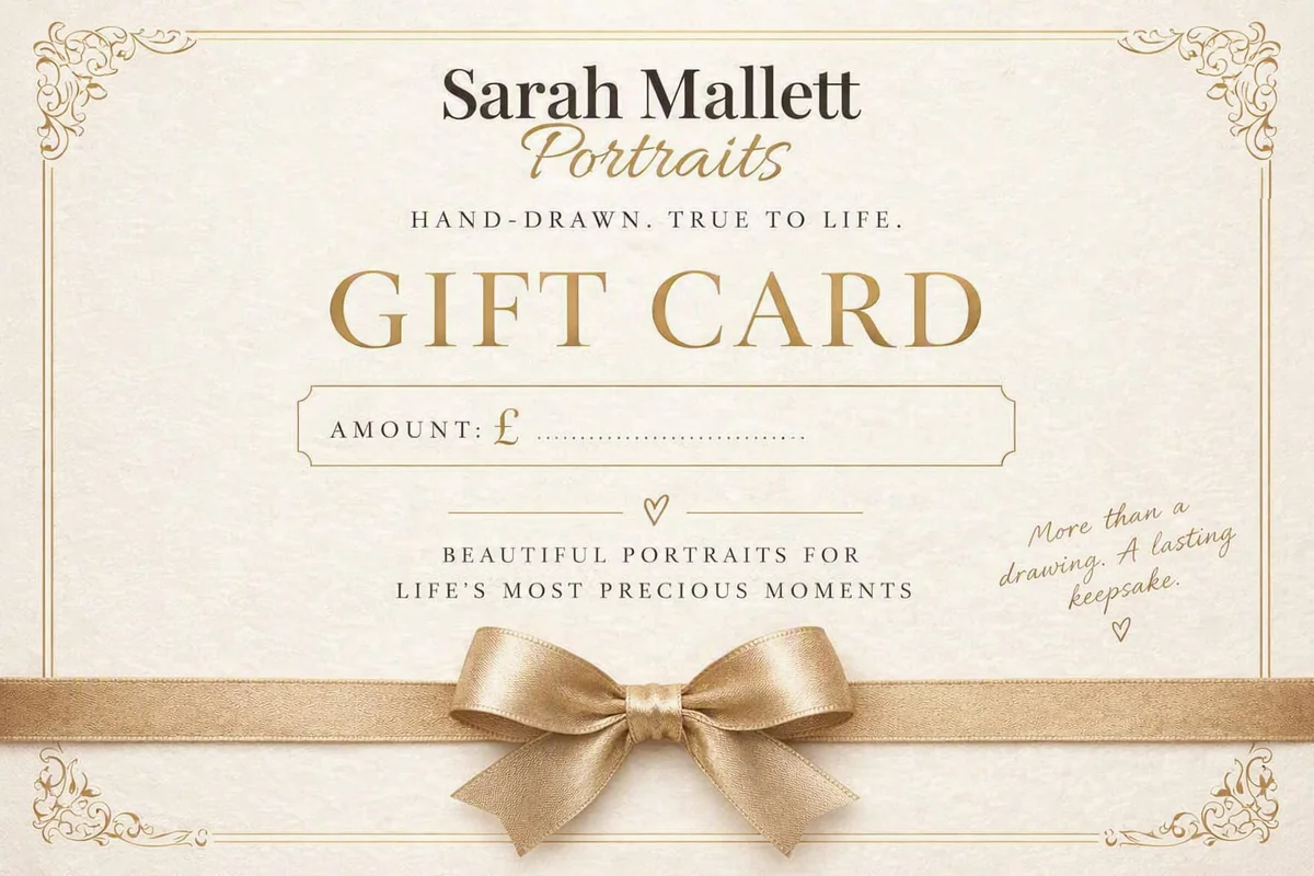 Sarah Mallett Portraits gift card — hand-drawn, true to life — with space for the voucher amount